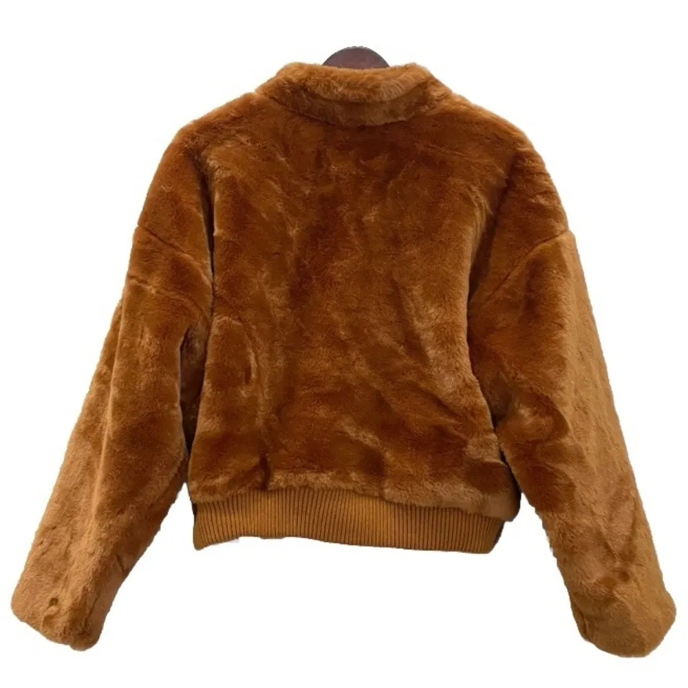$168 Faux Fur Furry Bomber Jacket Terracotta Golden Brown Size S - Image 5