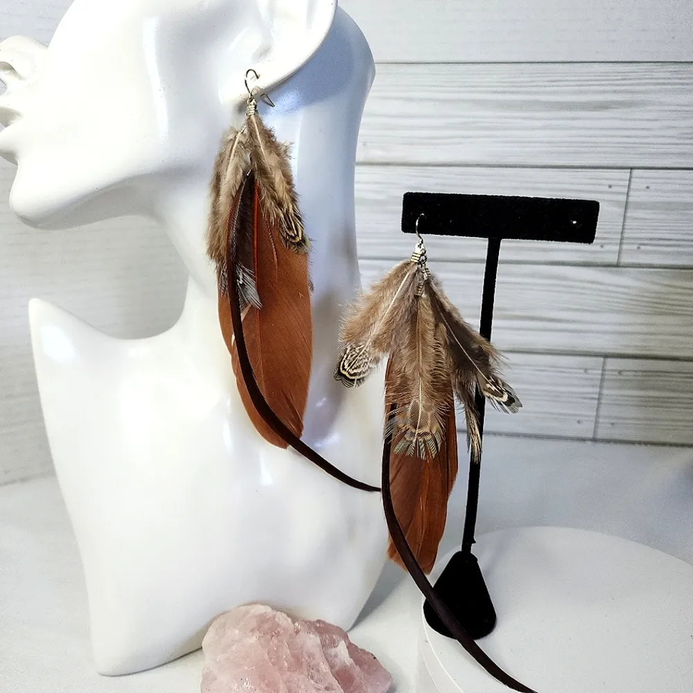 Boho Long Brown Real Feather Earrings Tan - Image 4