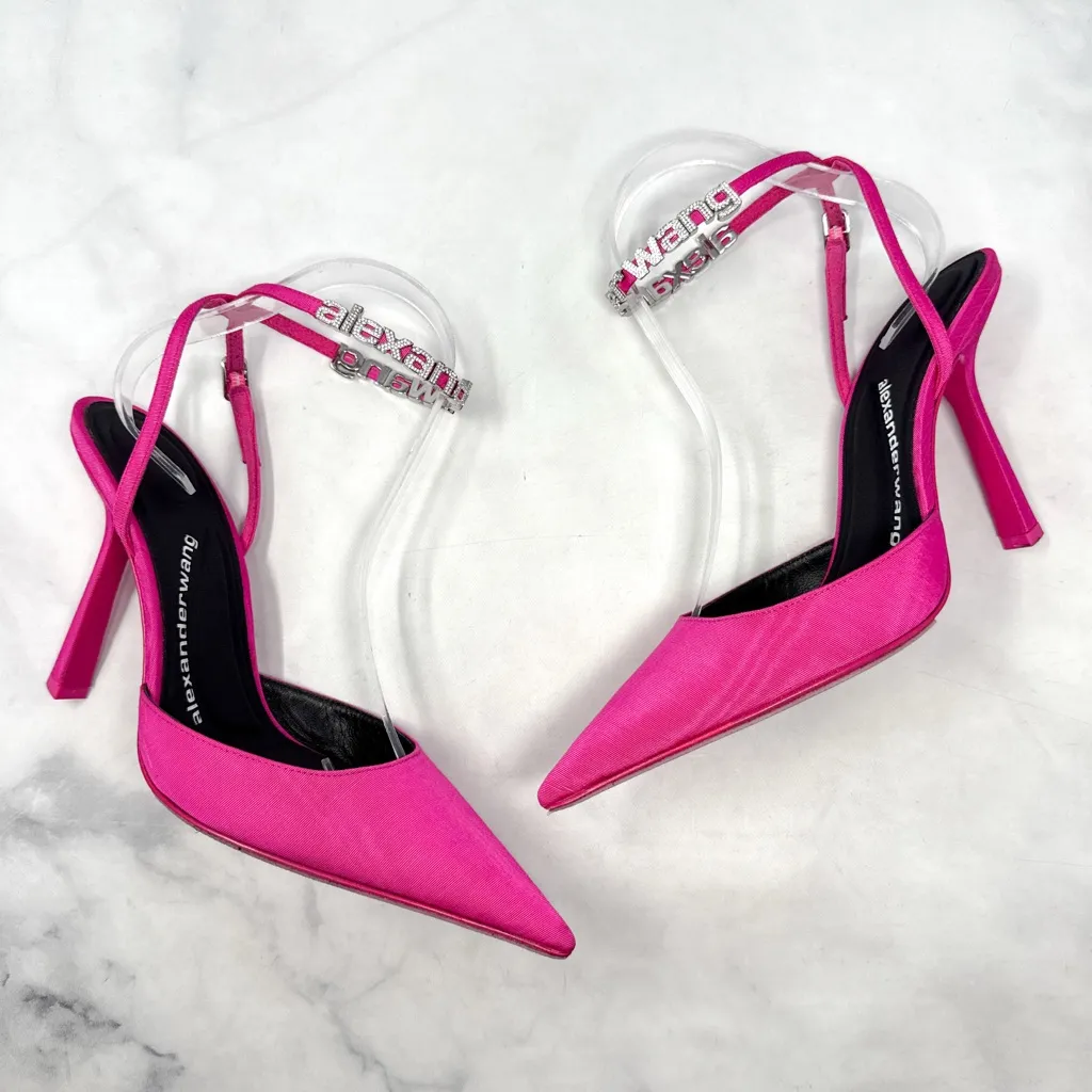 Alexander Wang Delphine Rhinestone Logo Strap Pointed Toe Pump Heels Hot Pink 38 - Image 4