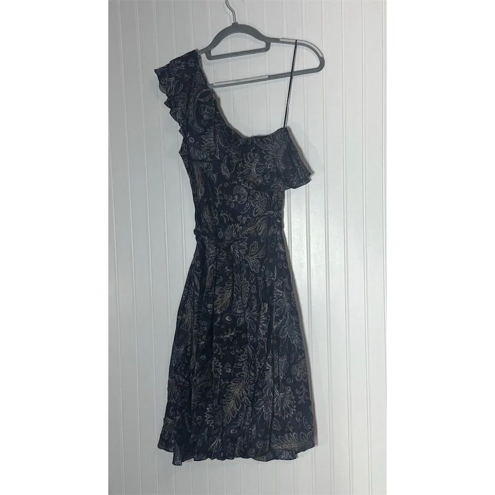 Lauren Ralph Lauren Silk Dress 10 Navy Gold Paisley One Shoulder Ruffle Hem - Image 4