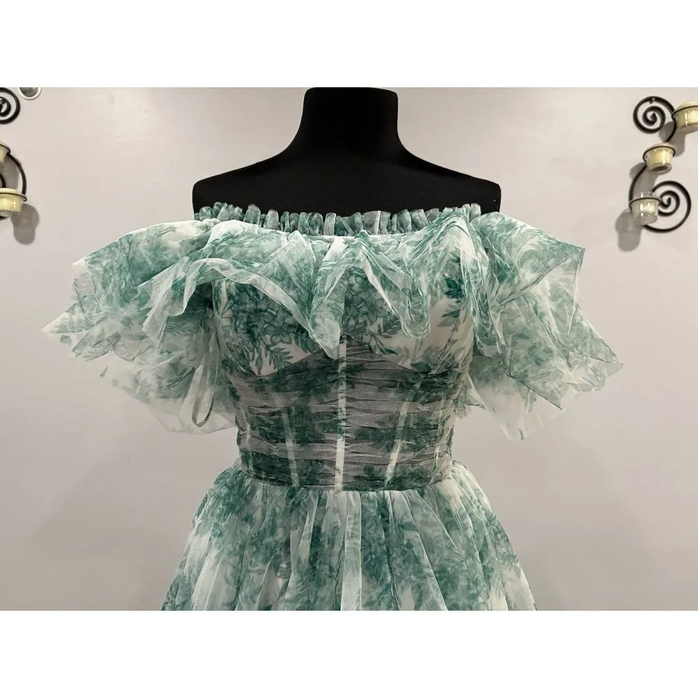 Sherri Hill 56128 Green Print Ruffle Off the Shoulder Gown Sz 6 NWOT - Image 4