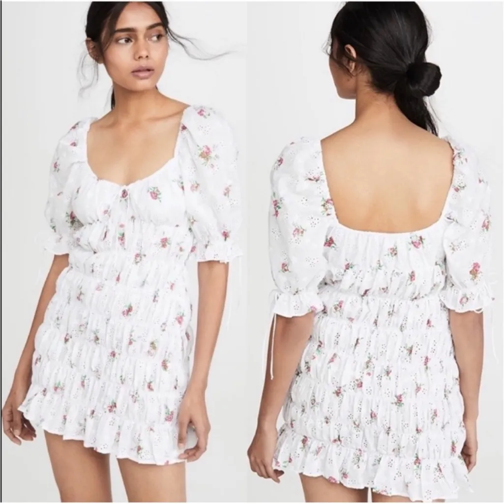 White For Love & Lemons Tarte Eyelet Smocked Floral Mini Dress - Image 2