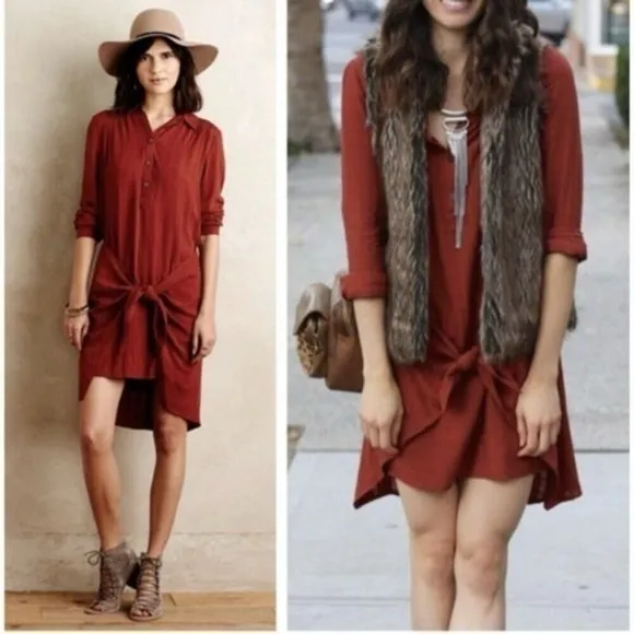Maeve Anthro Shirt Dress Bloomsbury Rust Tie Front 6 Relaxed Boho Chic Trendy - Image 14