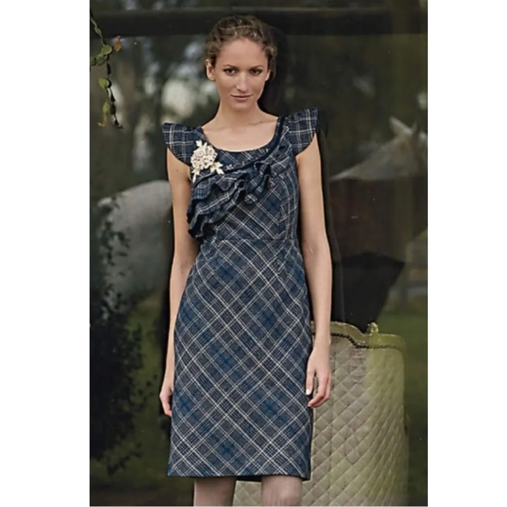 Anthropologie Floreat Tartan Plaid Wool Retro 50s Ruffle Floral Dress 2 Punk - Image 4