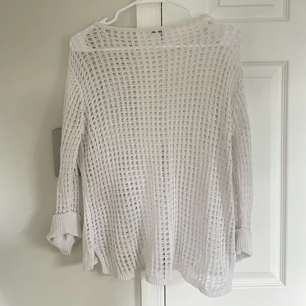 J. Jill Crochet Sweater Womens XS Linen Blend Beachy Coastal Boho Coquette Swim White - Image 7