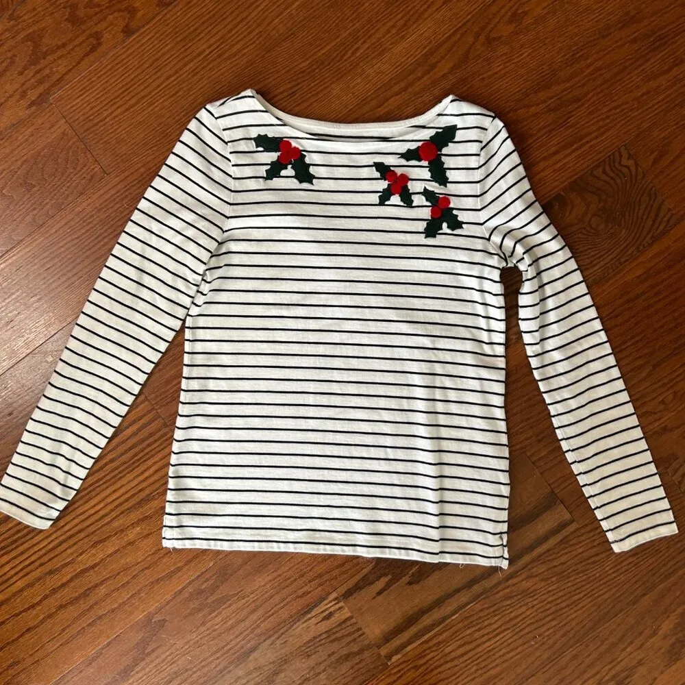 Talbots Christmas Embroidered Holly Boat Neck Striped Long Sleeve Tee Size Small - Image 9