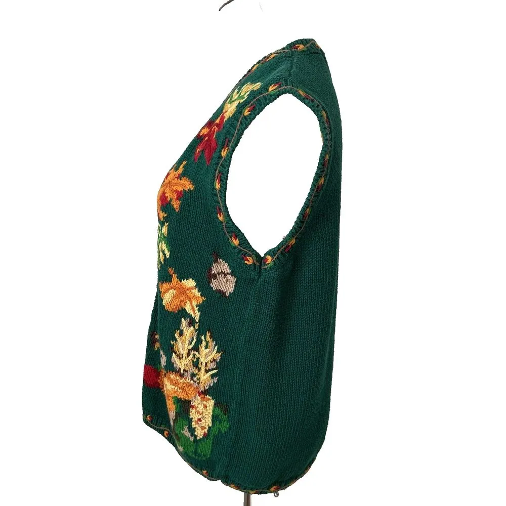 EAGLE'S EYE Vintage Hand Knit Sweater Harvest Pumpkins Fall RARE 1994 Size Med‎ Green - Image 3