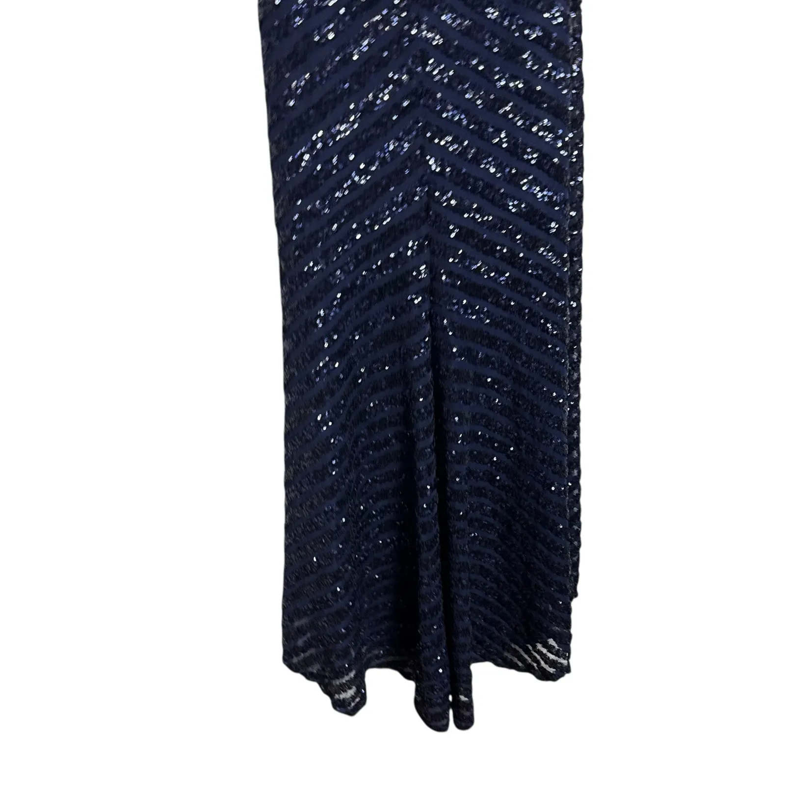 La Femme Navy Blue Sequin Stripe Off Shoulder V Front Slit Evening Gown Size 4 - Image 10
