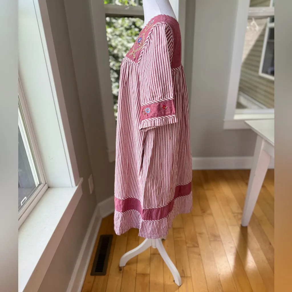 Bechamel Burgundy Red White Stripe Cottagecore Floral Cotton House Dress Medium - Image 3