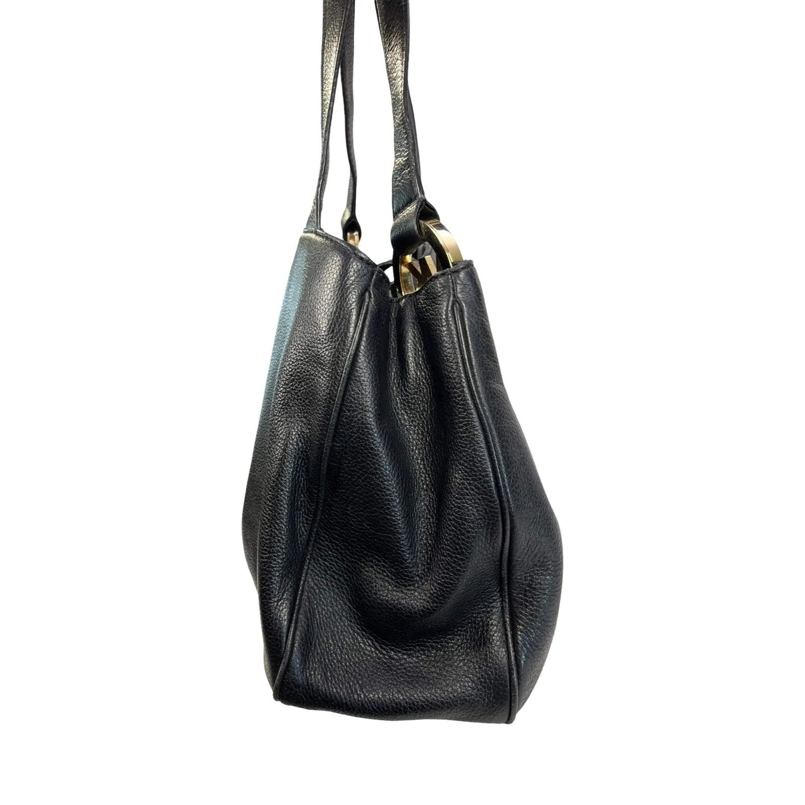 Michael Kors Black Pebbled Leather Tote Bag Gold MK Medallion Shoulder Purse - Image 9