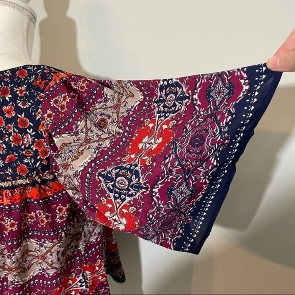 NWT Navy Orange Purple Floral Print Loose Pleated Blouse Top New Batwing Sleeves - Image 5