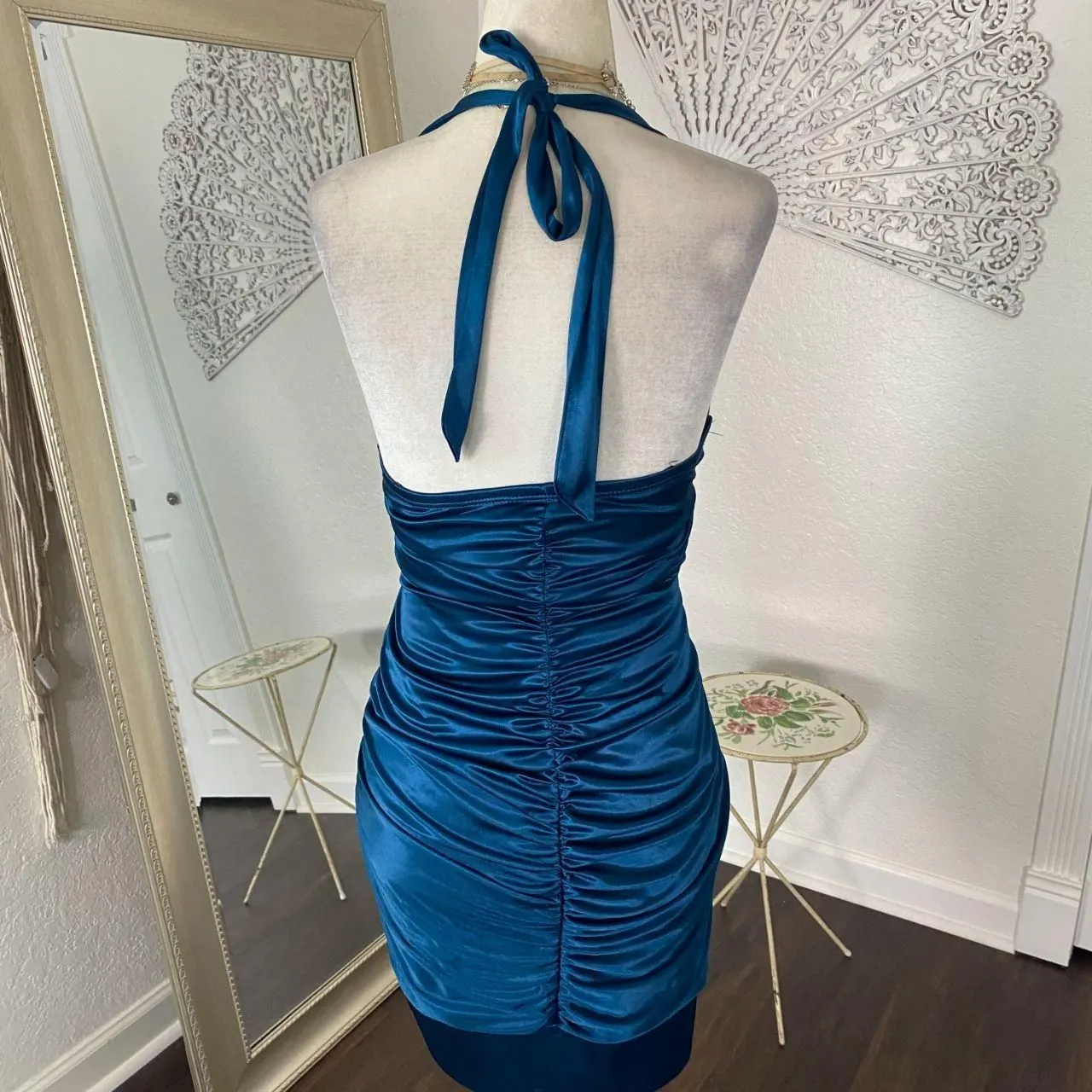 Cobalt Blue Shiny Satin Rhinestone Early 2000's Vampy Bratty Party Mini Dress S - Image 6