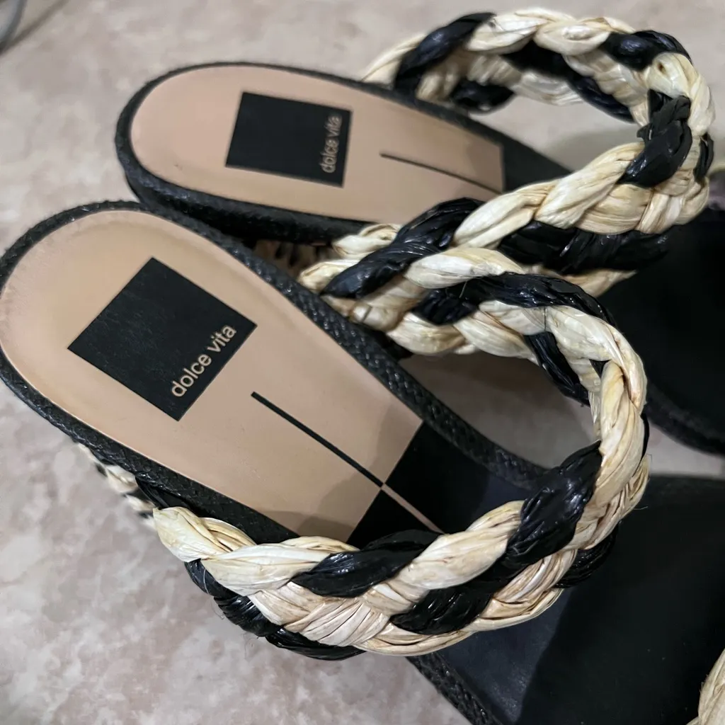 Dolce Vita Natural Raffia Woven High Heel Slide Sandals | Size 9.5 Black - Image 3