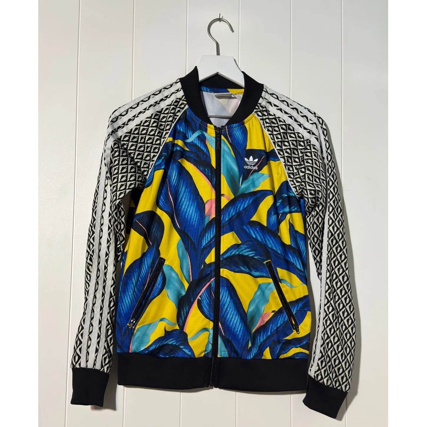 Adidas x Farm Rio XS Brazil Leaf Floral Track Jacket Blue Yellow Full Zip - Image 2