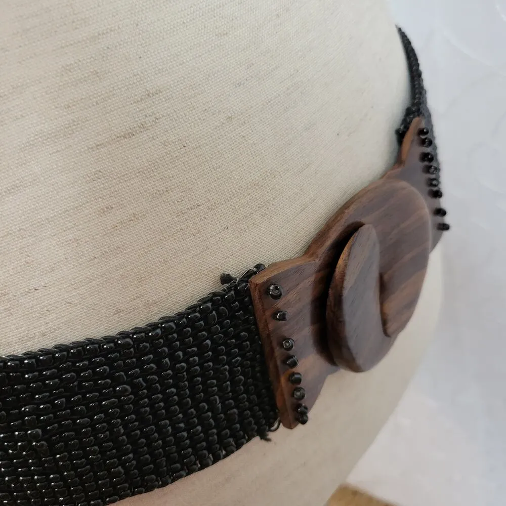 Vintage Handmade Black Beaded Belt with Wooden Hook Buckle Elastic Stretchy - Image 8