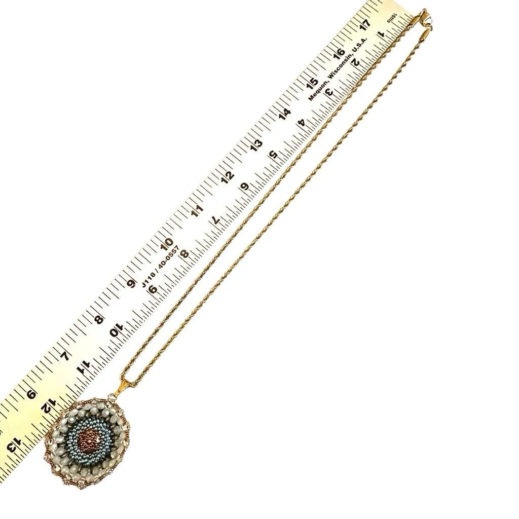 Vintage Reversible Beaded Mandala Pendant Necklace Gold Tone Rope Chain - Image 8