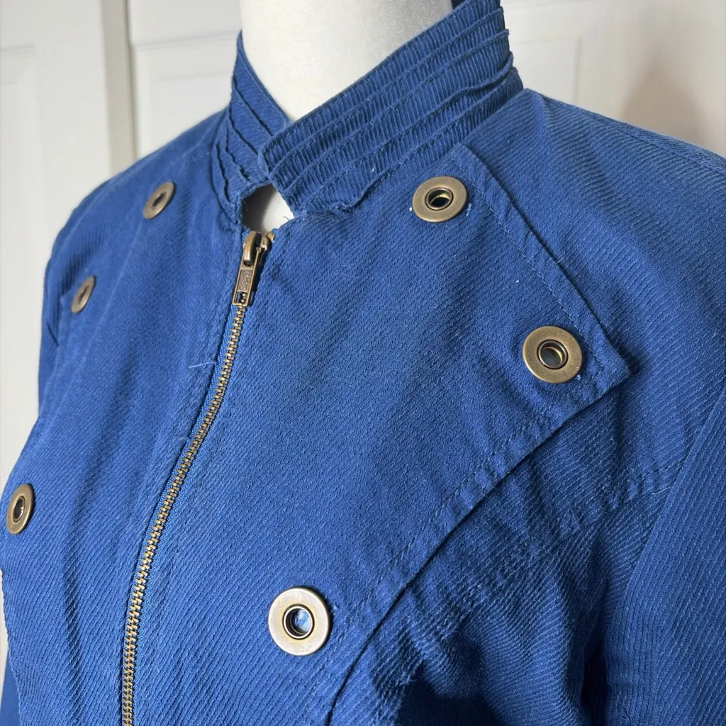 Y2k ANTHROPOLOGIE TULLE Navy Blue washed denim jacket: Military style sz L Size L - Image 3