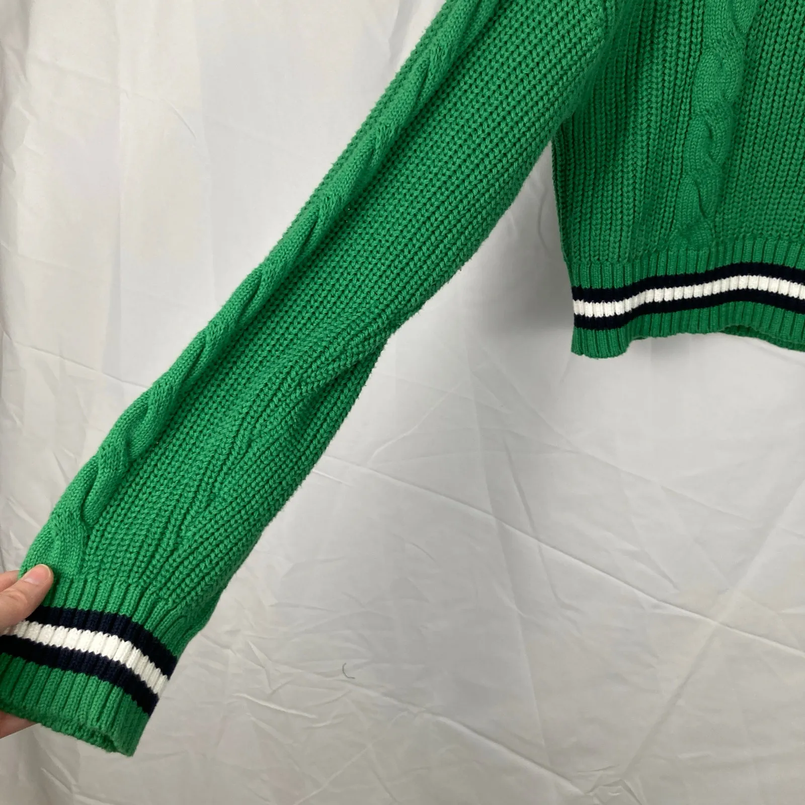 Forever 21 Womens L Green Chunky Cable Knit Varsity Crop Cardigan Tennis Preppy - Image 7