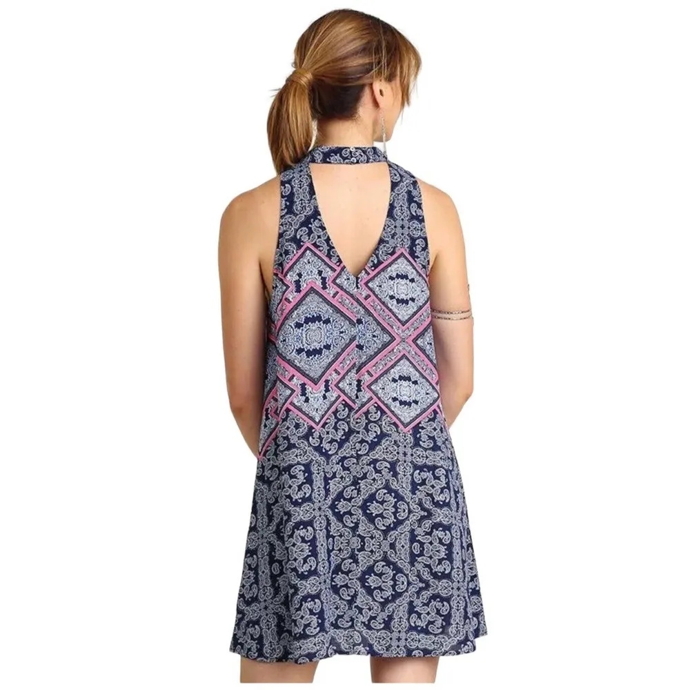 Umgee Womens Size Large Halter Trapeze Swing Dress Paisley High Neck Ivory - Image 12