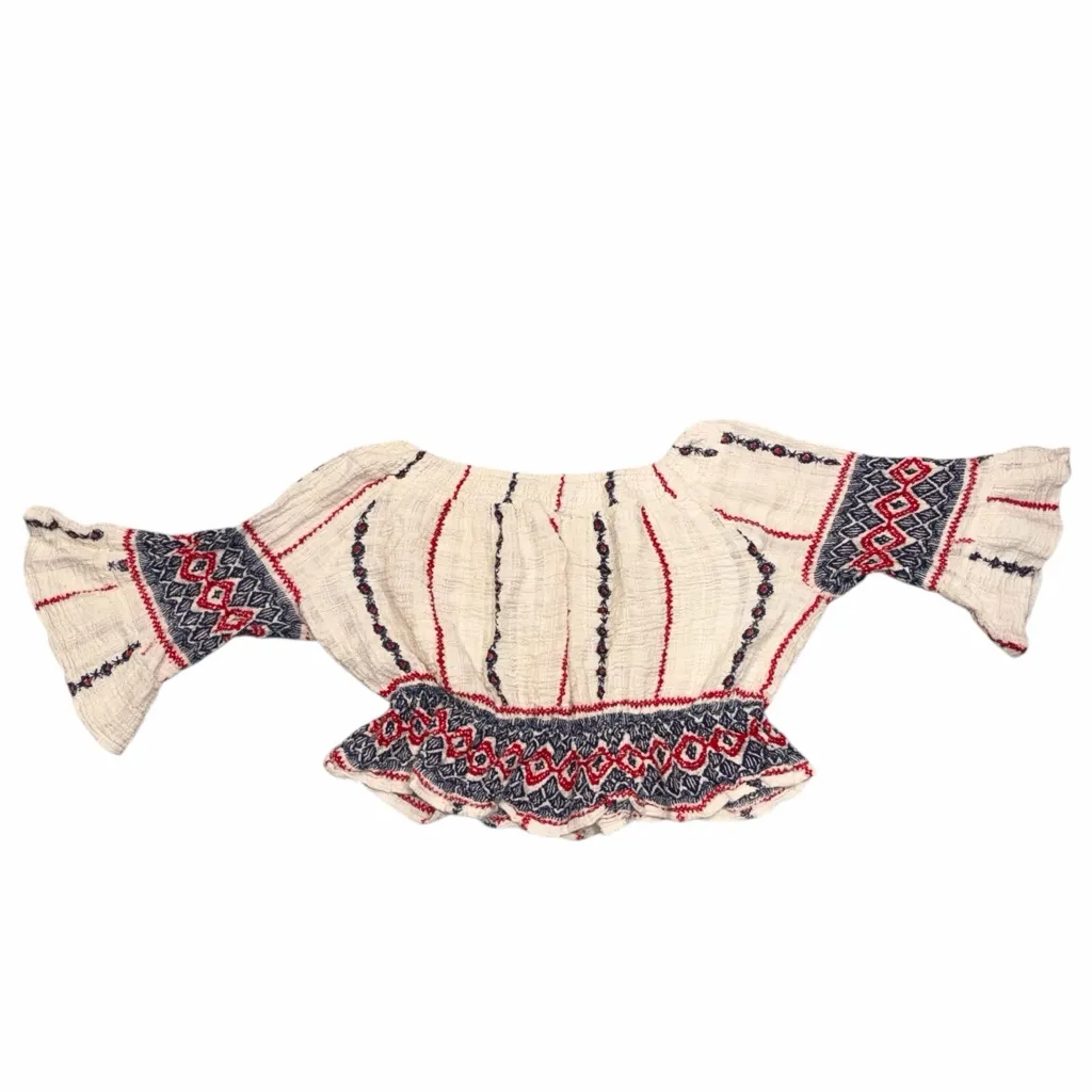 Raga Cream Gauze Amalia Embroidered Smocked Off The Shoulder Top size Small - Image 4