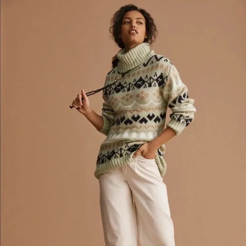 Anthropologie Fair Isle Turtleneck Sweater Sage Green Geometric Knit Size XS - Image 2