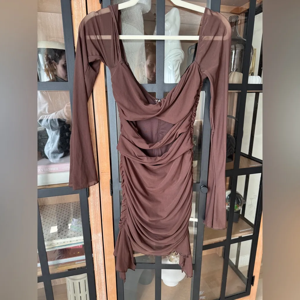 Oh Polly ruched bodycon dress Twist Cut Out Long Sleeve Mini chocolate mesh - Image 8