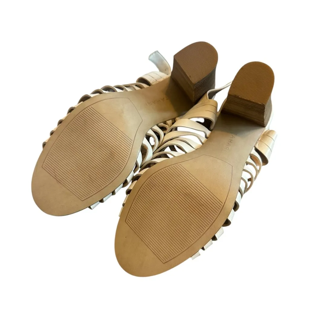 Tahari Makailyn Strappy White High Heel Sandals Leather Wood Block Heel Size 9.5 - Image 9