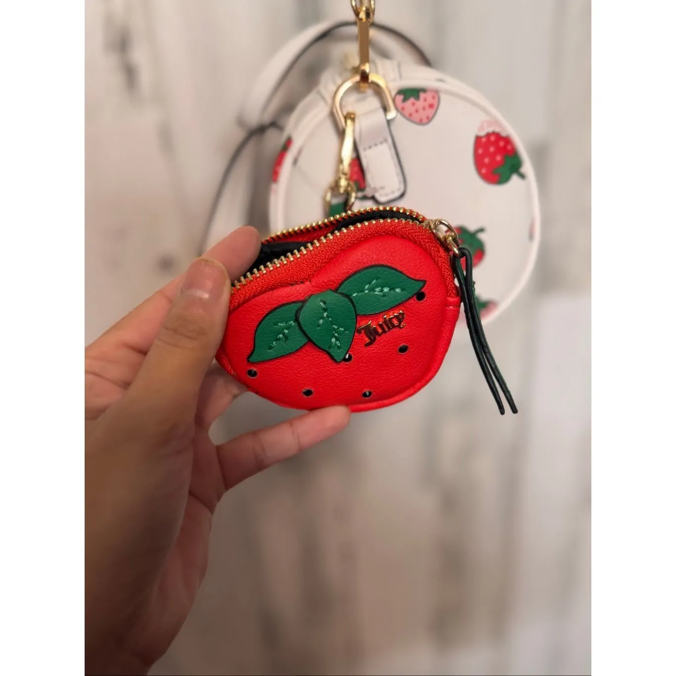 Juicy Couture Strawberry Print Barrel Purse with Coin Pouch | White Pink Red Cro - Image 7