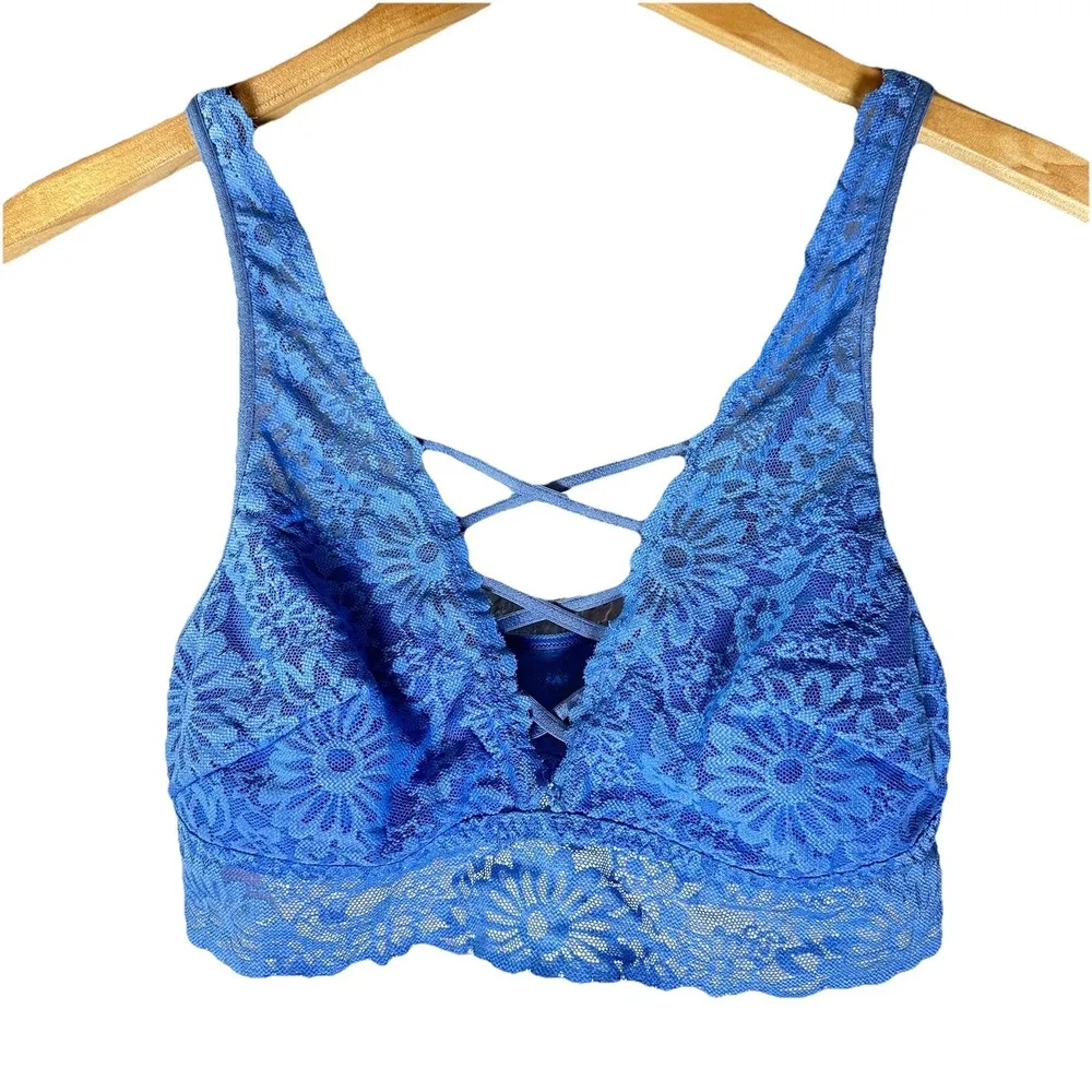 Victoria's Secret PINK Lace Bralette Blue Floral Crisscross Back Size M Romantic Size M - Image 2