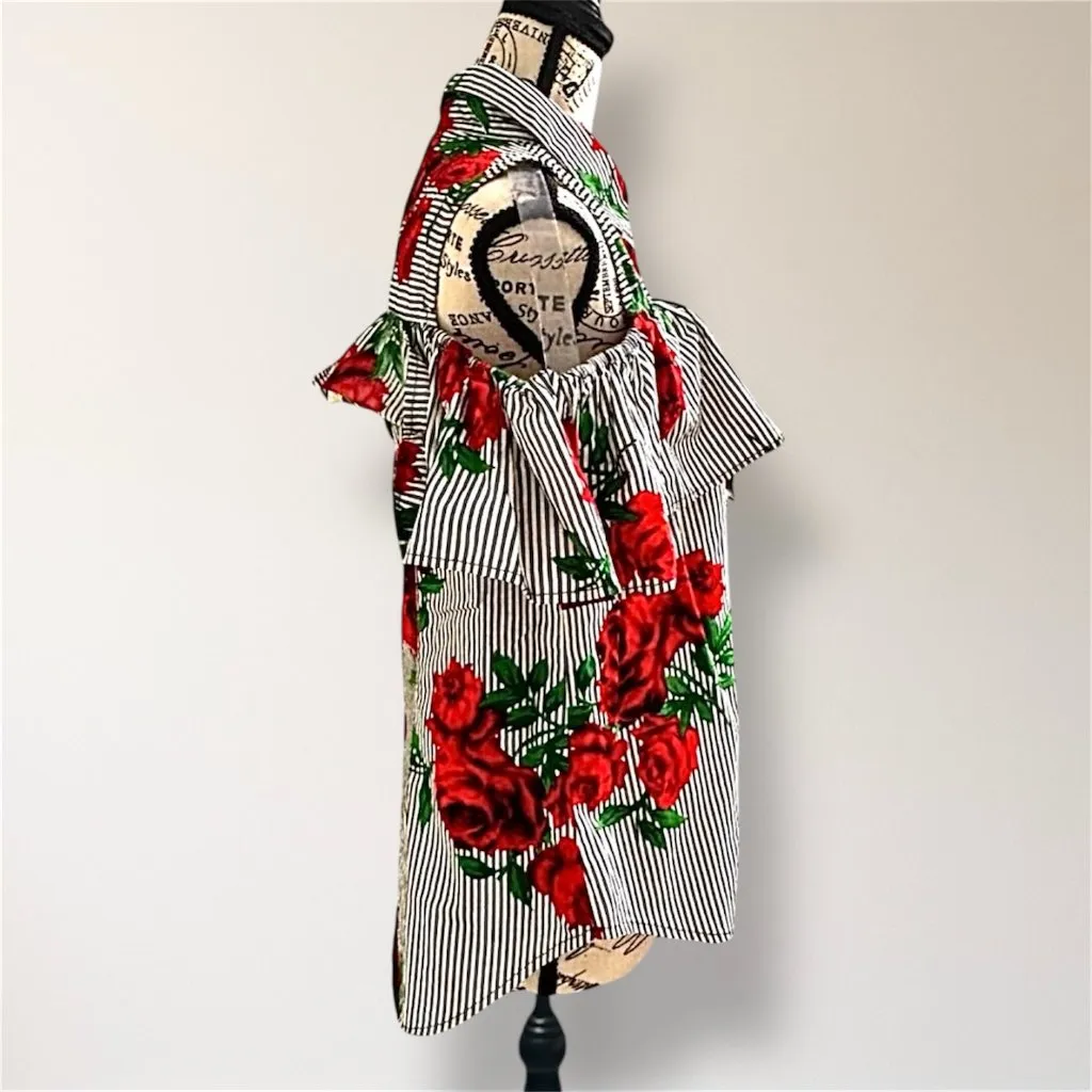 Blush XL Red Floral Stripe Cotton Cold Shoulder Ruffle Button Front Blouse Boho - Image 4