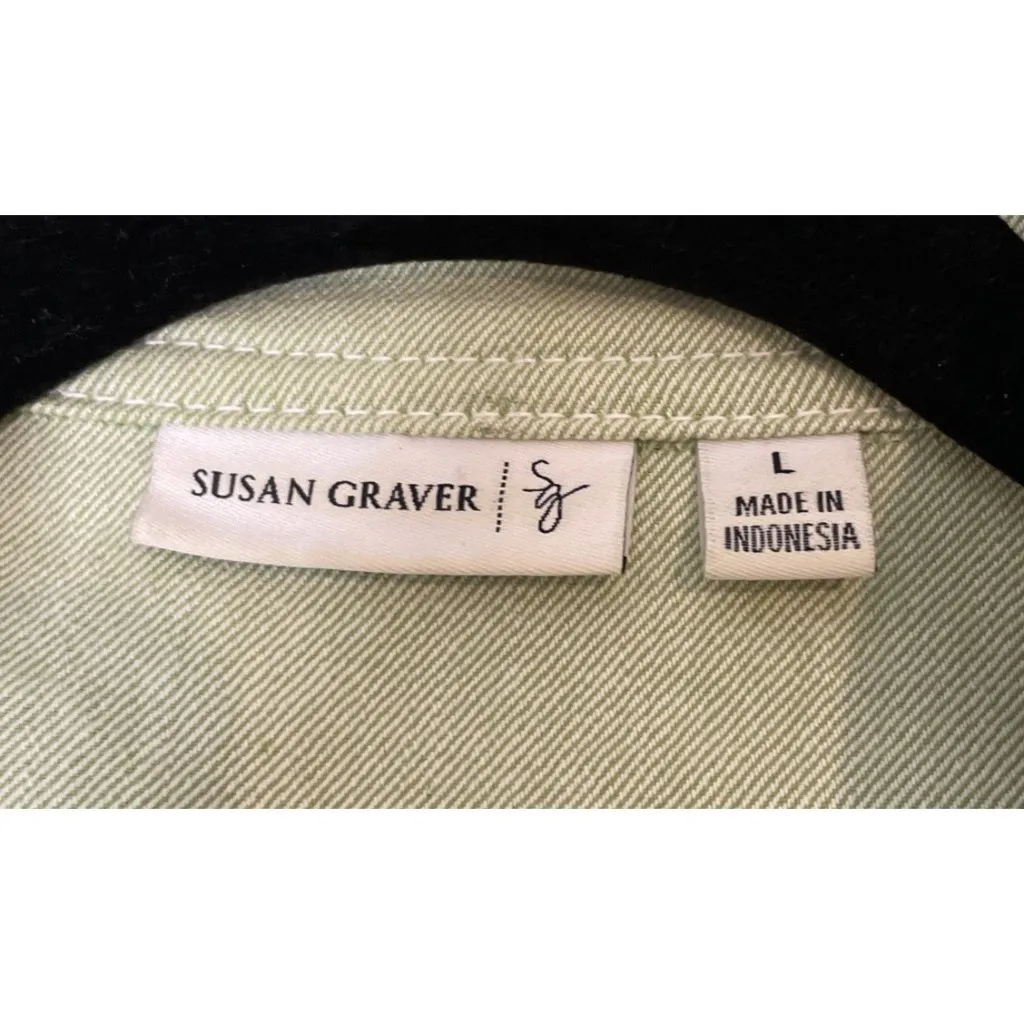 Susan Graver Large Sage Green Denim Embroidered Jacket Floral Patchwork‎ Boho - Image 6