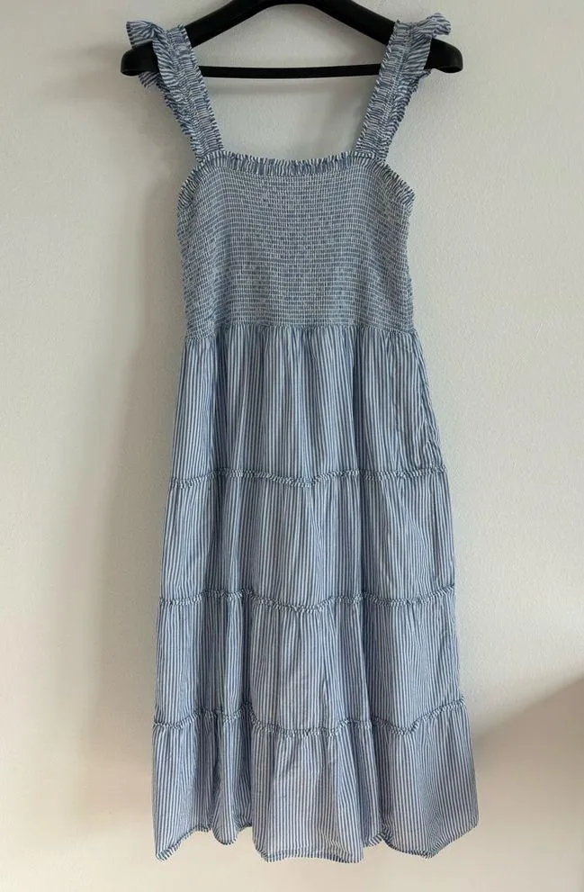 J.Crew  Smocked Tiered Navy White Striped Midi Dress Pockets Size Large - Image 3