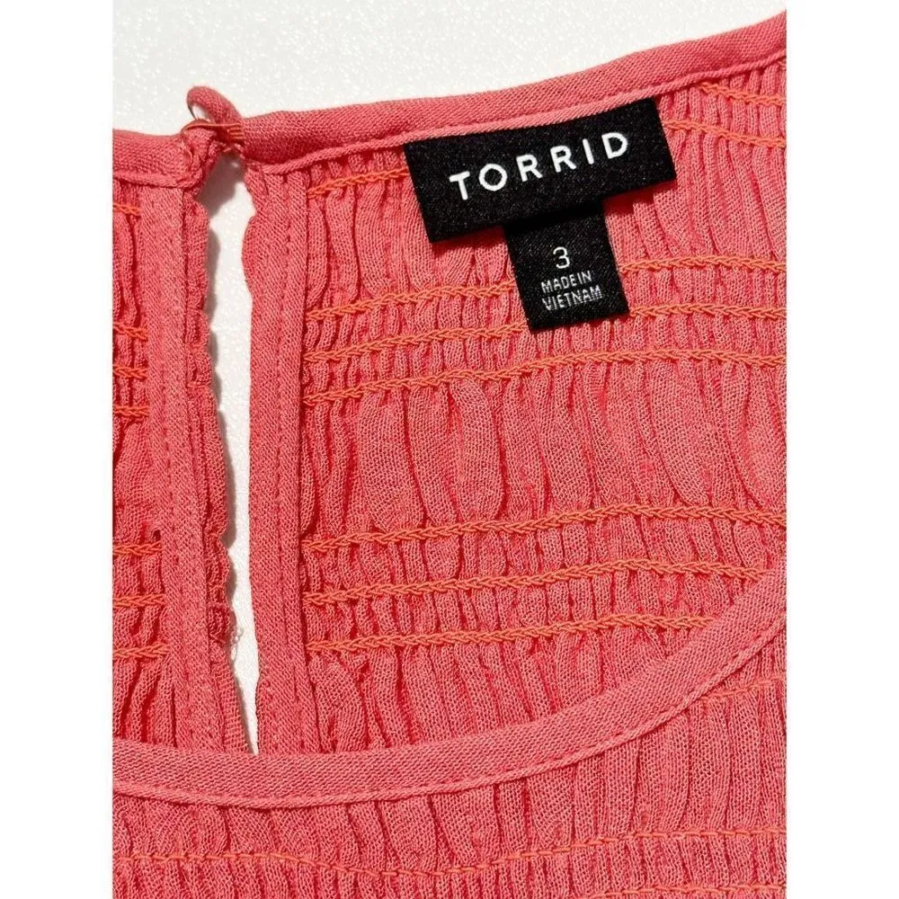 Torrid Women's Babydoll Crinkle Gauze Smocked Top Blouse Tiered‎ Coral Pink 3X - Image 2