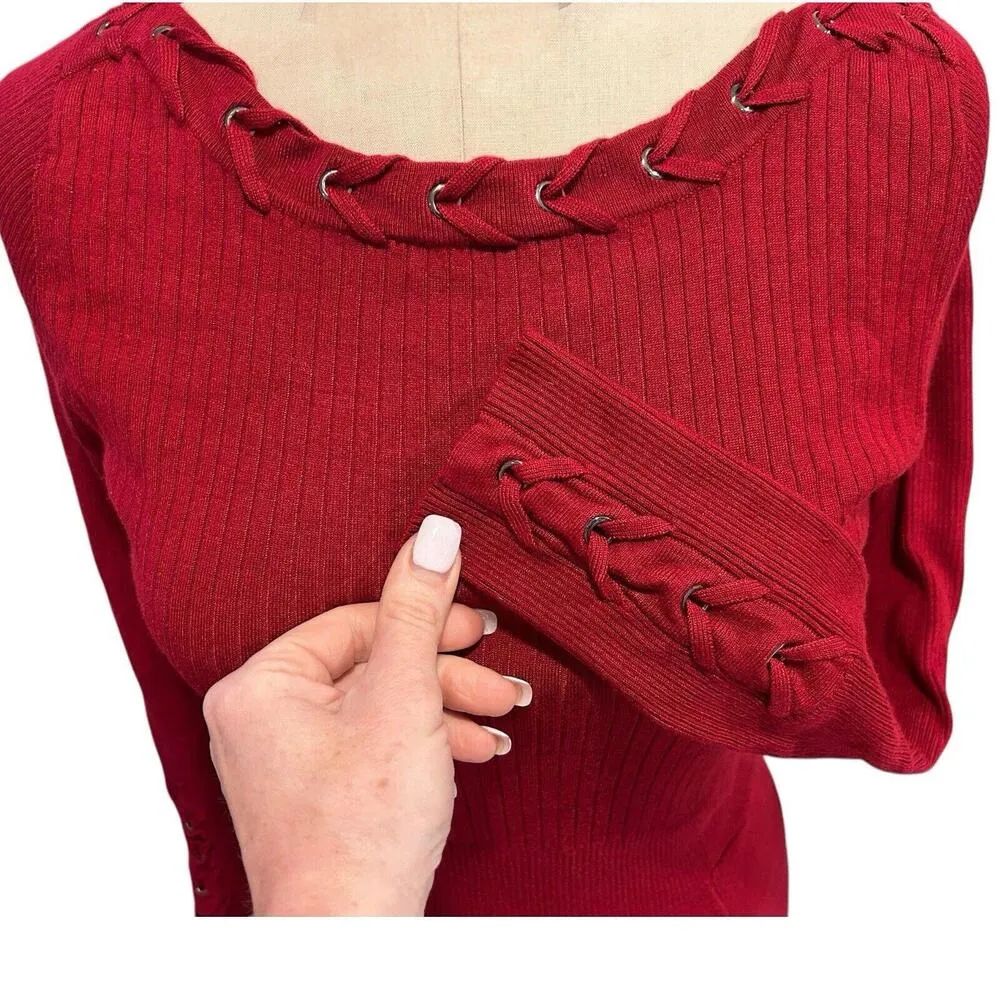 CACHE Wine Red Knit Bodycon Midi Sweater Dress Medium Lacing Vintage 90s Y2K - Image 3
