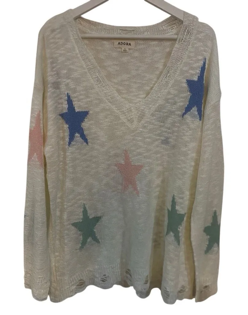 Adora large, long, sleeved, distressed star, cream, blue sweater, V - Image 1