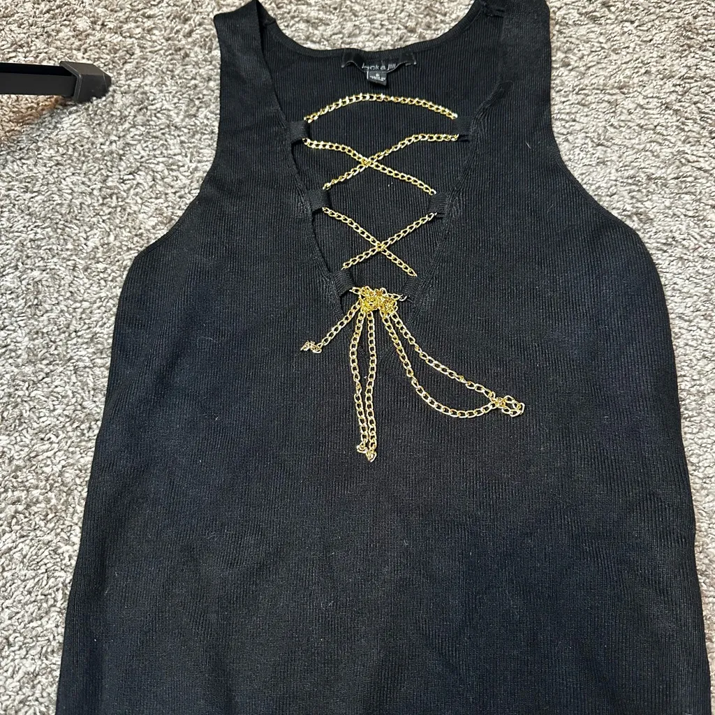 Elegant Black Tank Top with Gold Chain Detail - Image 2