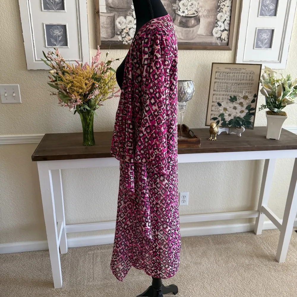 Sheer Pink Abstract Drape Kimono Duster Open Front Lightweight Statement Layer M - Image 3