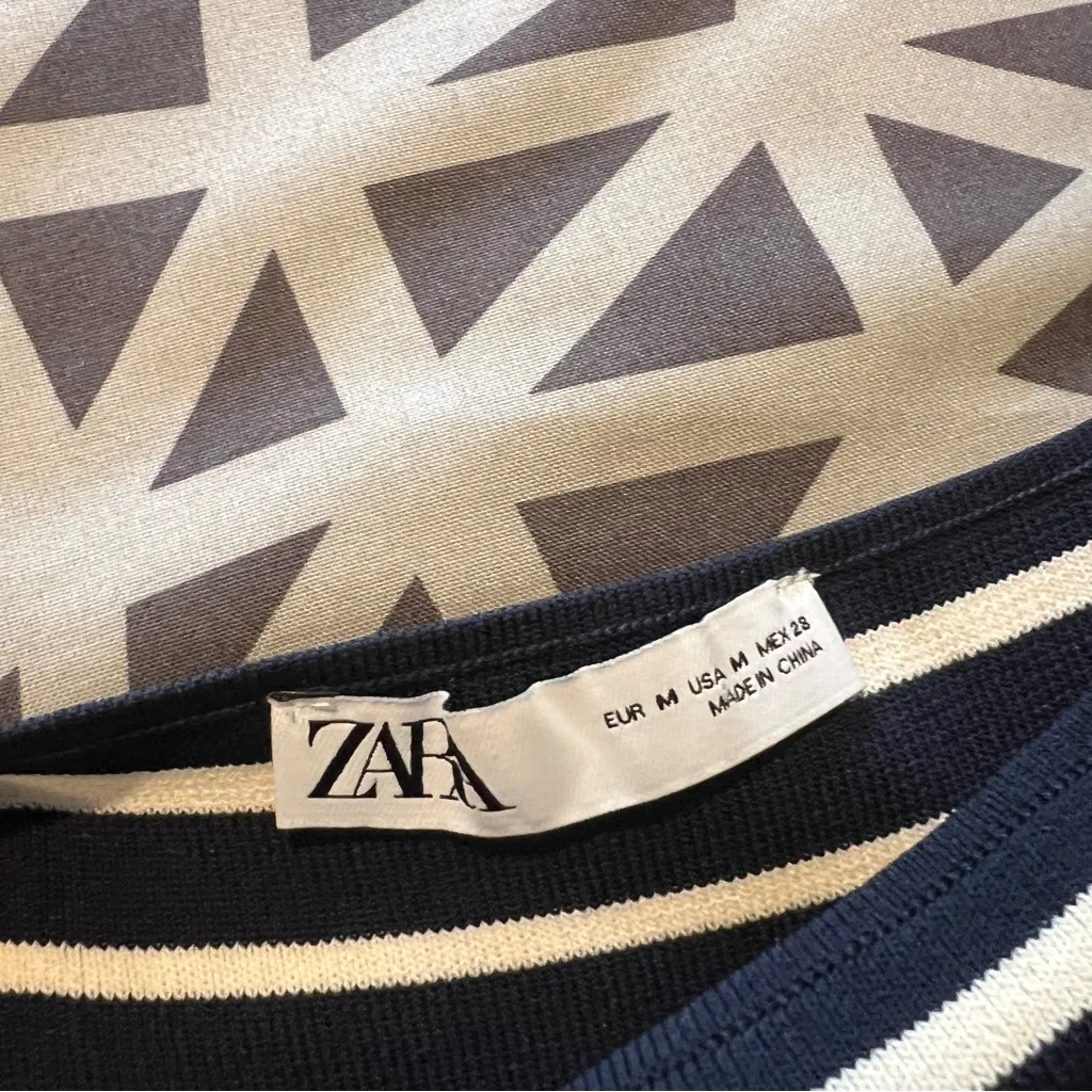 Zara Navy & White Striped Stretch Knit Puff Sleeve Fit & Flare Mini Dress Size M - Image 8