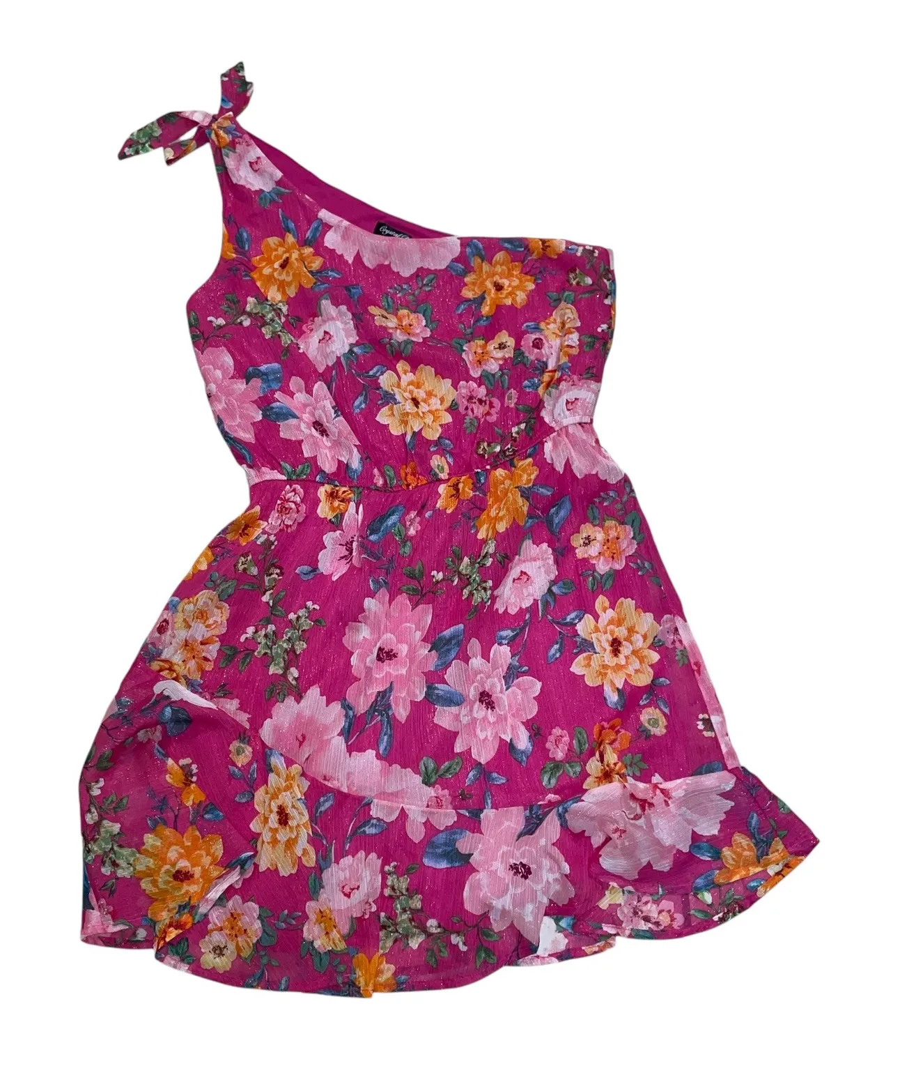 Crystal Doll Floral One Shoulder Dress Ruffle Hem Party Pink Size M - Image 1