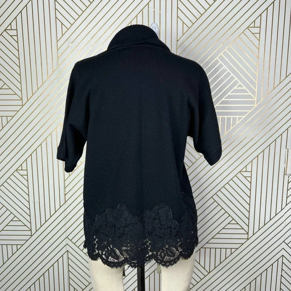 Ramy Brook‎ Black Crochet Lace Hem Wool Turtleneck Sweater Size US Medium - Image 7