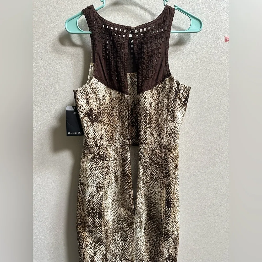 NEW Rachel Roy Snake Print Crochet Bib Sleeveless Sheath Brown Dress Women’s 2 - Image 9