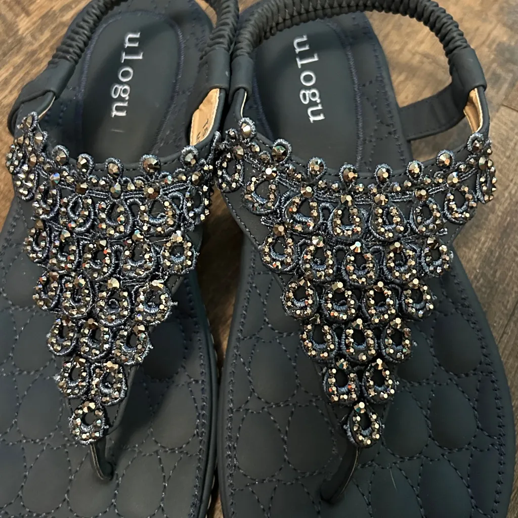 Ulogu Navy Blue thong flat sandals with rhinestone beaded embellishments Size 40 - Image 2