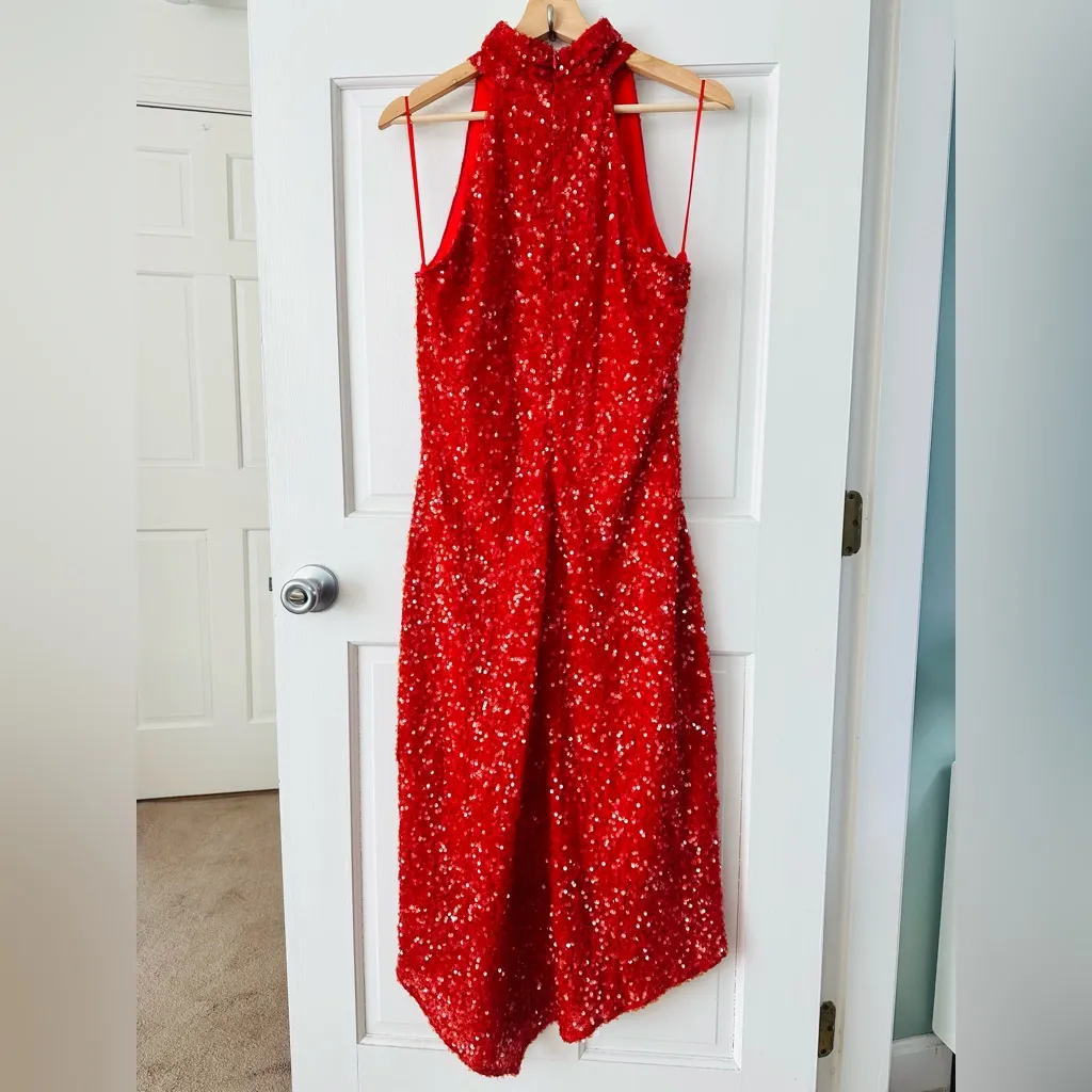 Ciebon Signy Red Sequin Asymmetrical Midi Dress Holiday Sparkle Gown Size L Size L - Image 6