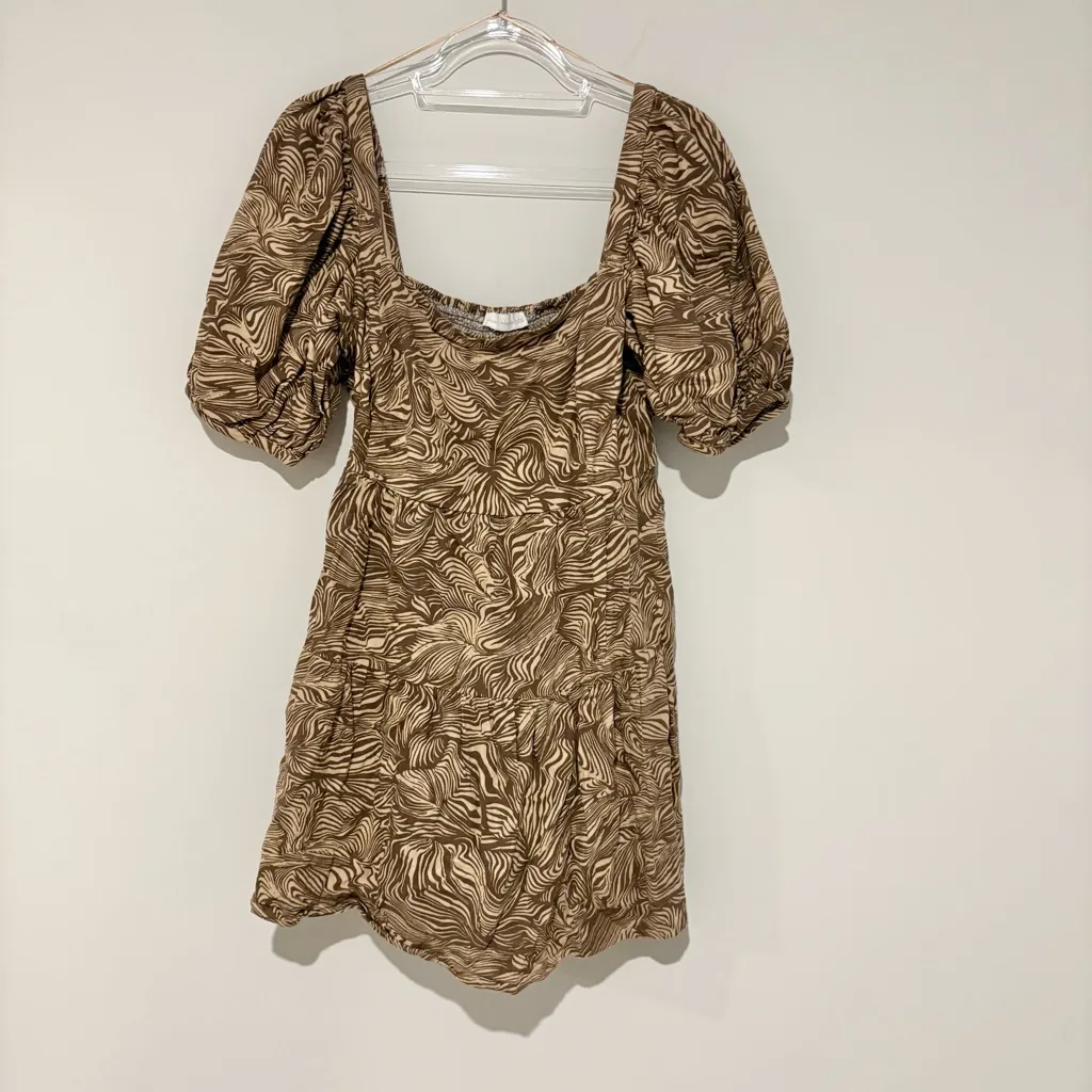 House Of Harlow Linen Blend Puff Sleeve‎ Square Neck Swirl Babydoll Dress Tan S Brown - Image 2