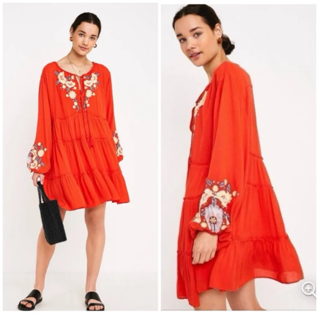Free People Orange Red Embroidered Boho Floral Spell On You Mini Dress XS - Image 9