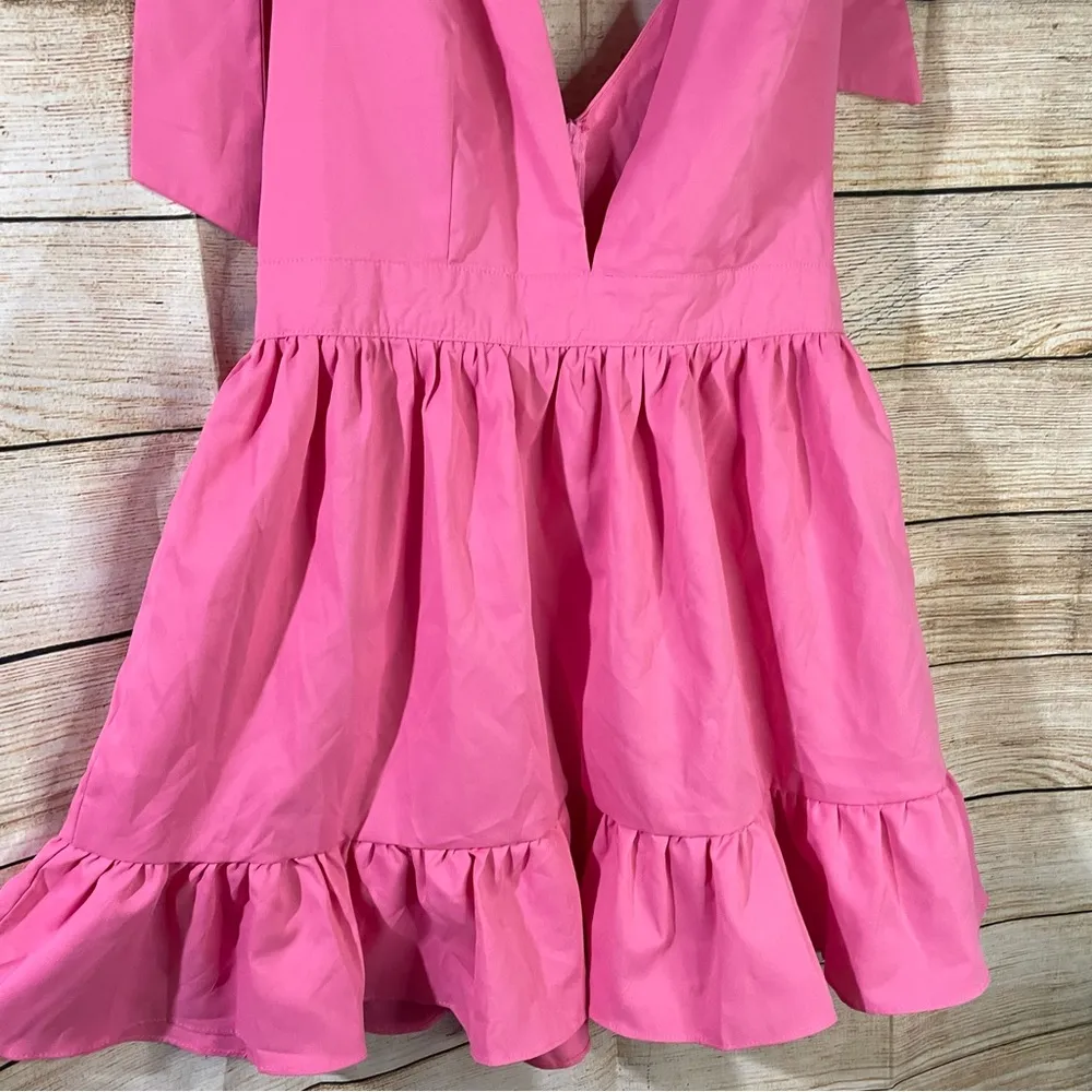 deep v-neck tie shoulders ruffle hem A-line pink dress women Size Large - Image 9