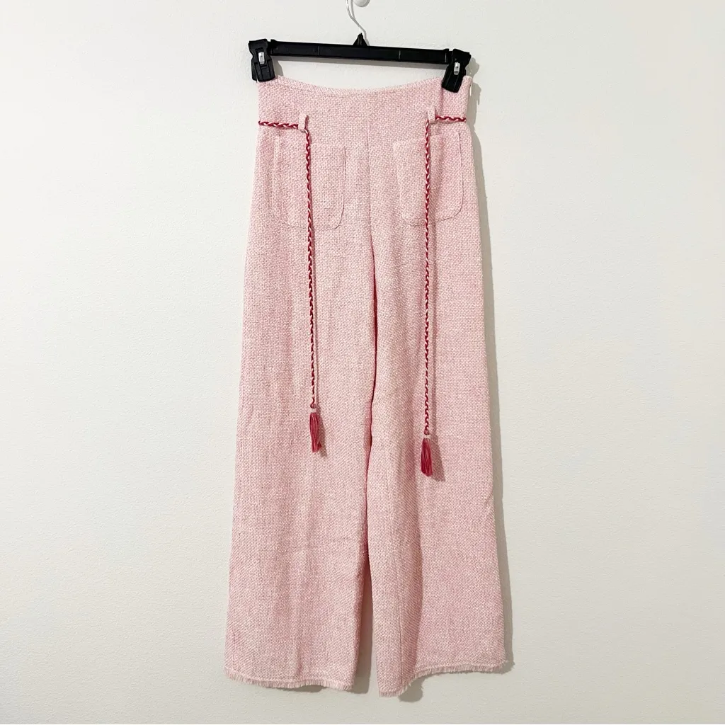 Maje Tweed Wide Leg Trousers Pants With Braided Belt Pink Size 36 US 4 - Image 2