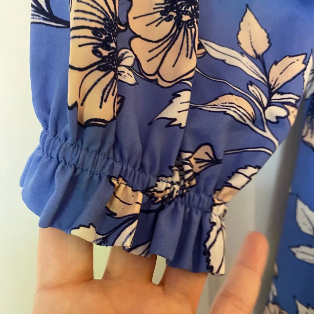 Eliza J Floral Faux Wrap Dress Size 8 Dusty Blue Ruffle Midi Belted Boho Wedding - Image 7