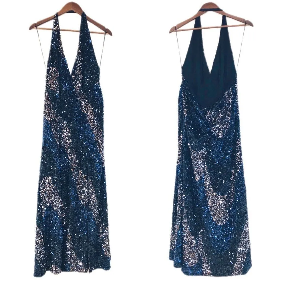 FREE PEOPLE Glitter & Gold Sequin Velvet Midi Dress Blue Black Size Medium‎ New - Image 5