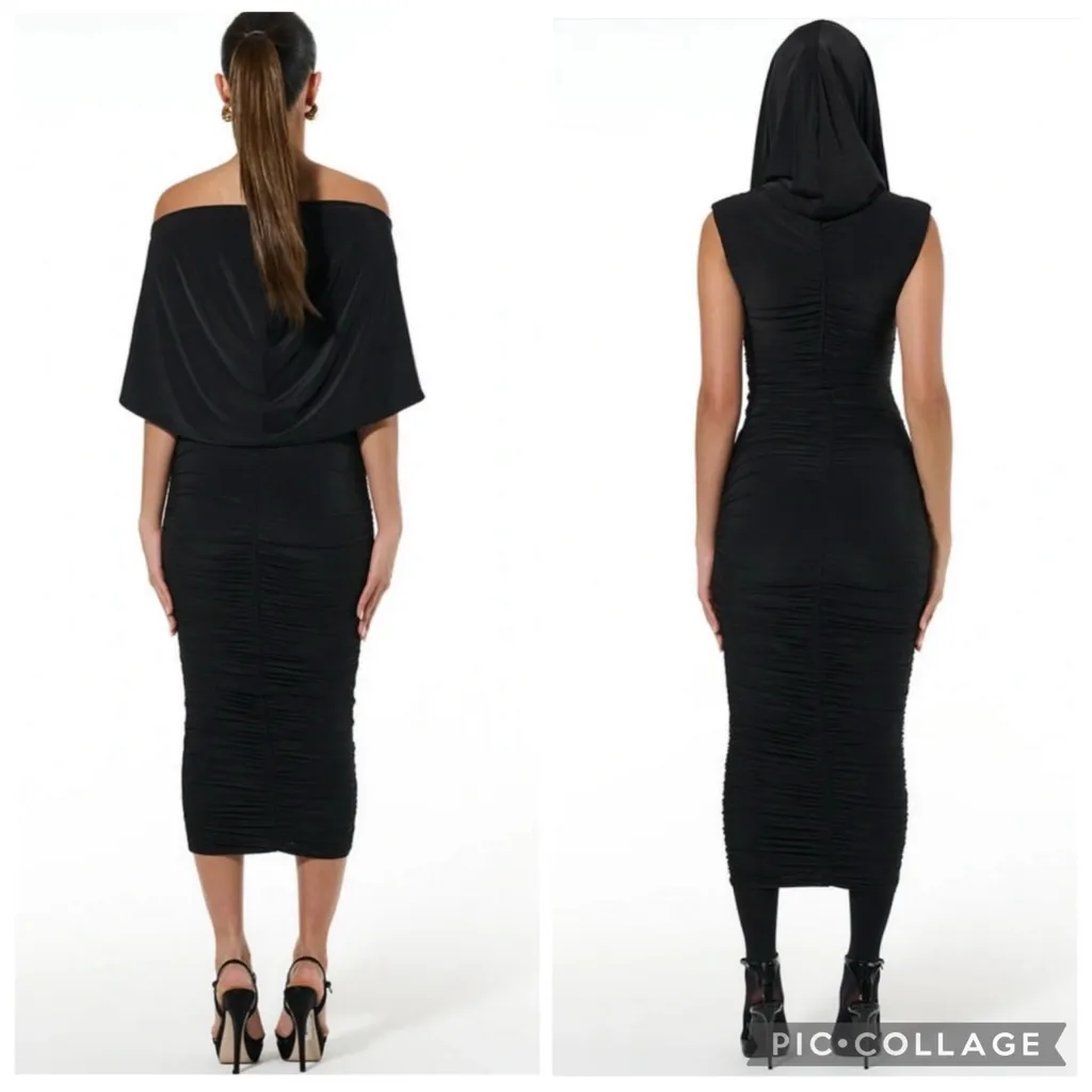 Naked Wardrobe Ruched Midi Dress With Hood / Cape‎ Black M - Image 4
